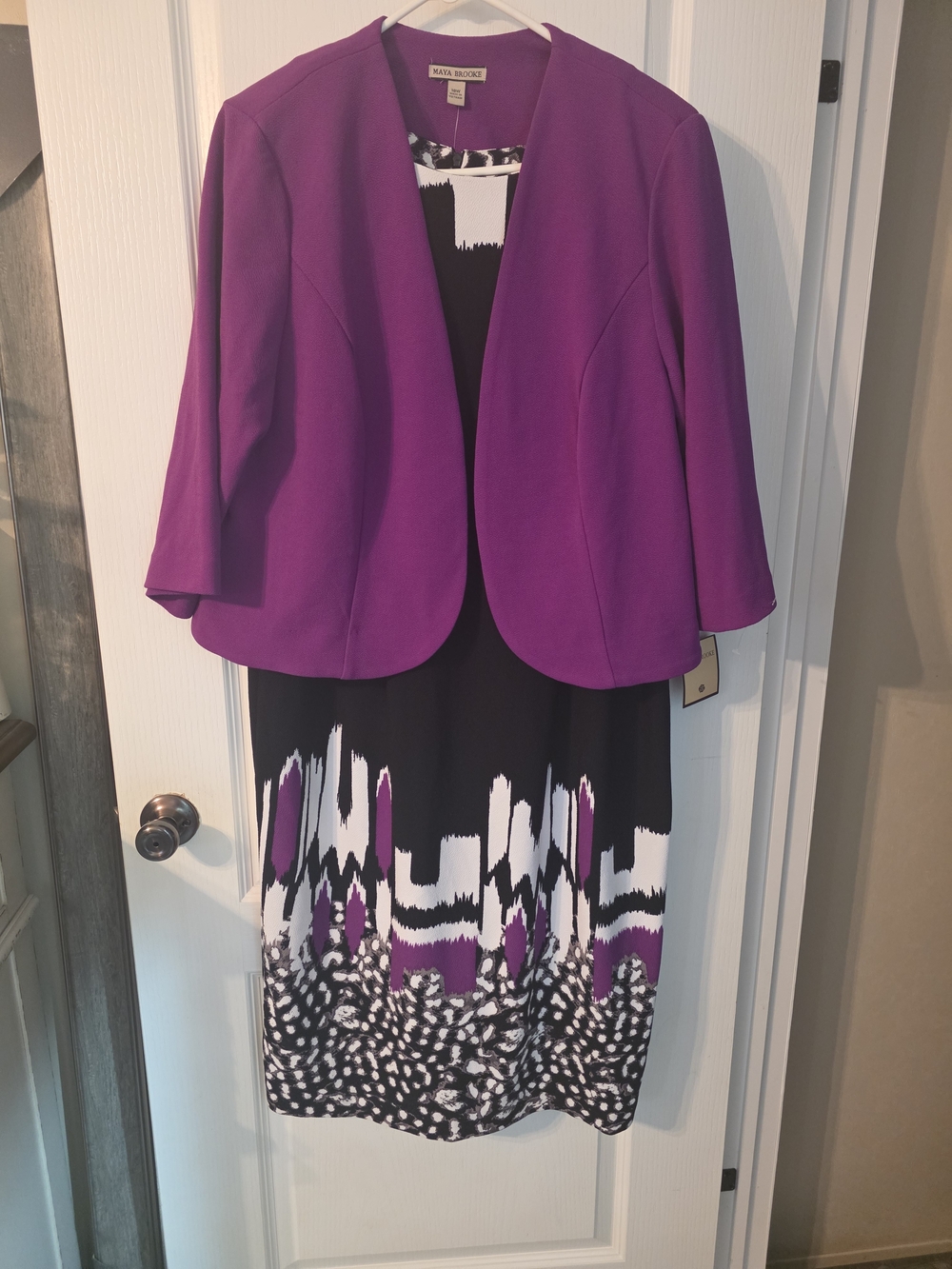 Maya Brooke Purple Jacket & Printed Black Midi Dress Set
